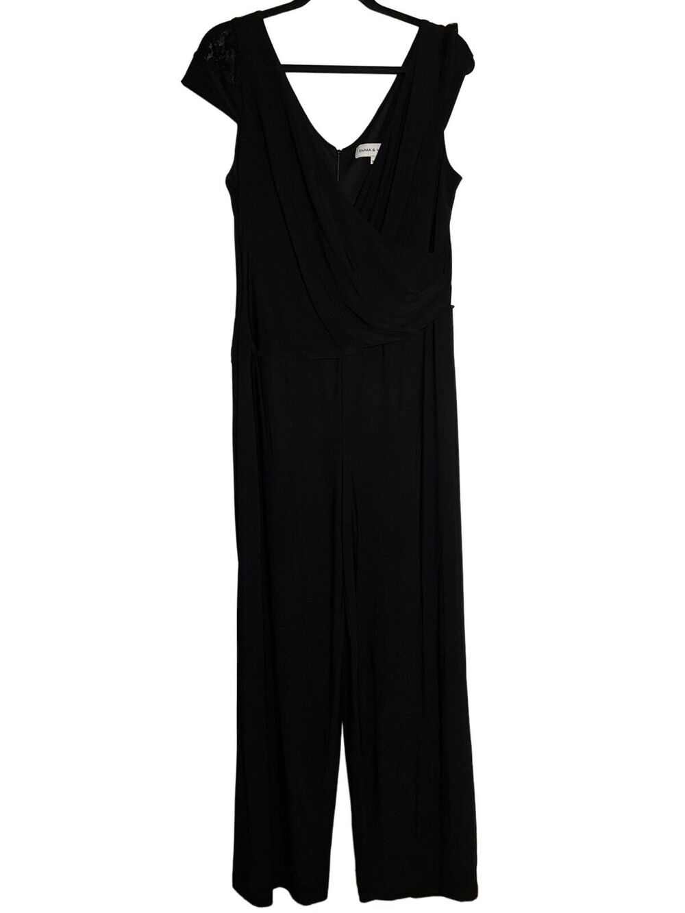 Emma & Michele Jumpsuit Size Large Black Faux Wrap Front Lace Cap Sleeves NWT